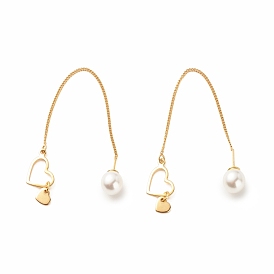 Brass Ear Thread with Heart and Acrylic Pearl Charm, Long Chain Dangle Stud Earrings with 925 Sterling Silver Pins for Women