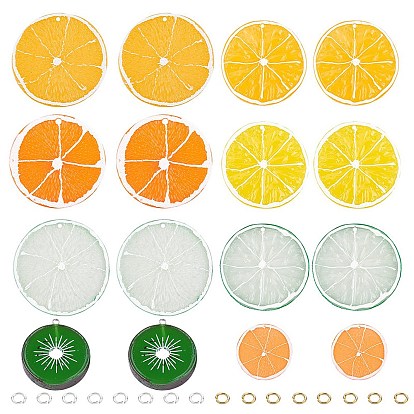 Pendentifs en résine de fruits, nourriture imitation, avec anneaux en laiton ouverts, tranche de citron et rondelle, or et argent