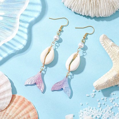 Оболочки жемчужные болтаться серьги, с подвесками из ацетата целлюлозы (смолы) и латунным крючком для сережек, форма ракушки с рыбьим хвостом