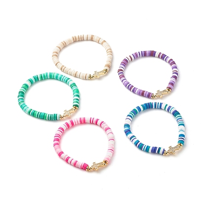 Polymer Clay Heishi Beads Stretch Bracelet for Women, Cross Cubic Zirconia Link Bracelet, Golden