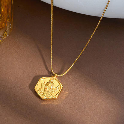 304 Stainless Steel Angel Coin Pendant Necklaces for Women, Real 18K Gold Plated
