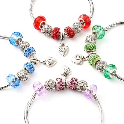 Bracelets européens en strass en pâte polymère faits à la main, perles de verre, 304 chaînes de serpent en acier inoxydable et breloque coeur en alliage