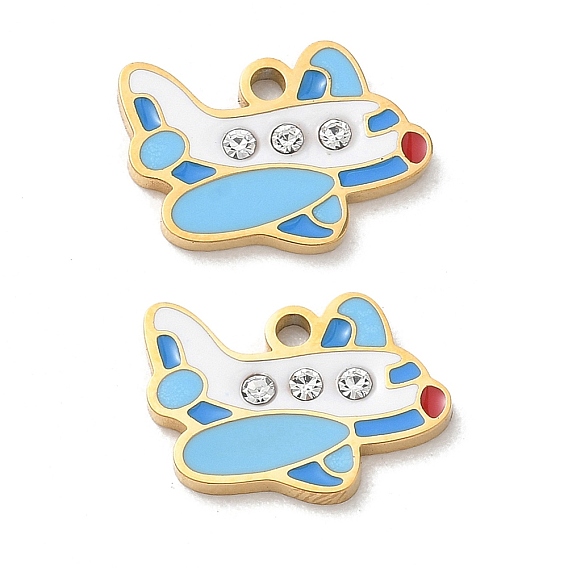 304 Stainless Steel Enamel Pendants, Airplane Charms, with Rhinestone, Ion Plating(IP)
