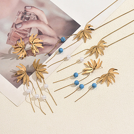 Stainless Steel & Plastic Imitation Pearl Flower Tassels Earrings & Necklaces & Rings Sets for Women, Golden