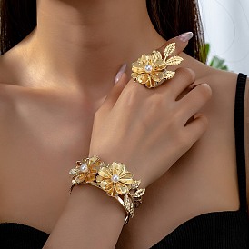 Flower Alloy Cuff Bangle & Ring Sets for Women, with Plastic Imitation Pearls