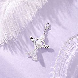 Подвеска в виде цветка-сердца из искусственного акрилового жемчуга с крыльями из сплава, Сплав с застежками когтя омара, старинное серебро и платина