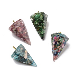 Transparent Resin Natural Imperial Jasper Chips Pendants, with Golden Tone Brass Findings, Dyed, for Dowsing Pendulum Pendant Making, Pyramid Charm