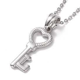 304 Stainless Steel Heart Skeleton Key Pendant Necklace for Women