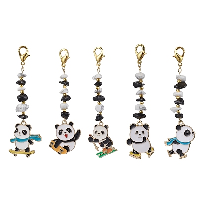 Panda Alloy Enamel Pendant Decorations, Natural Obsidian & Synthetic White Howlite Bead and Zinc Alloy Lobster Claw Clasps Charm