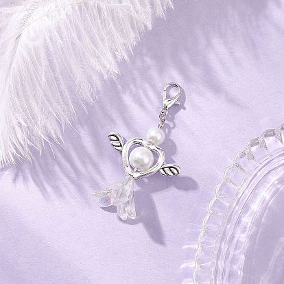 Подвеска в виде цветка-сердца из искусственного акрилового жемчуга с крыльями из сплава, Сплав с застежками когтя омара, старинное серебро и платина