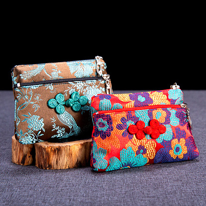 Rectangle Chinese Style Silk Zipper Pouches, Change Purses, with Chinese Buckle, for Bracelet, Necklace