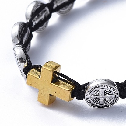 Adjustable Nylon Thread Braided Bead Bracelets, with Tibetan Style Alloy Beads and 304 Stainless Steel Beads, Saint Benedict Medal & Cross