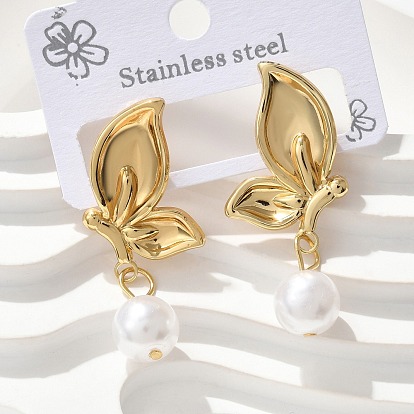 304 серьги-гвоздики в форме крыльев бабочки из нержавеющей стали, с абс пластиковой имитацией жемчуга круглый, ионное покрытие (ip)