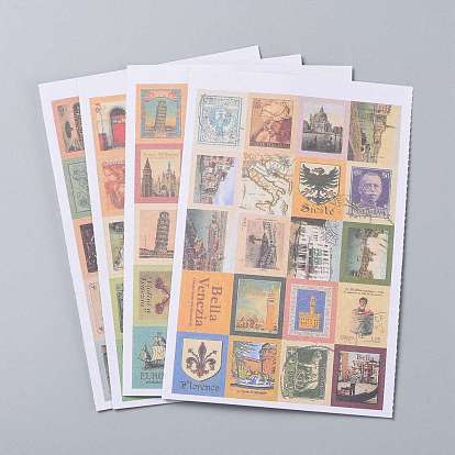 Postage Stamp Shape DIY Paper Label Paster Picture Stickers, Mixed Pattern, 22~56x16~44mm, about 5 sheets/set