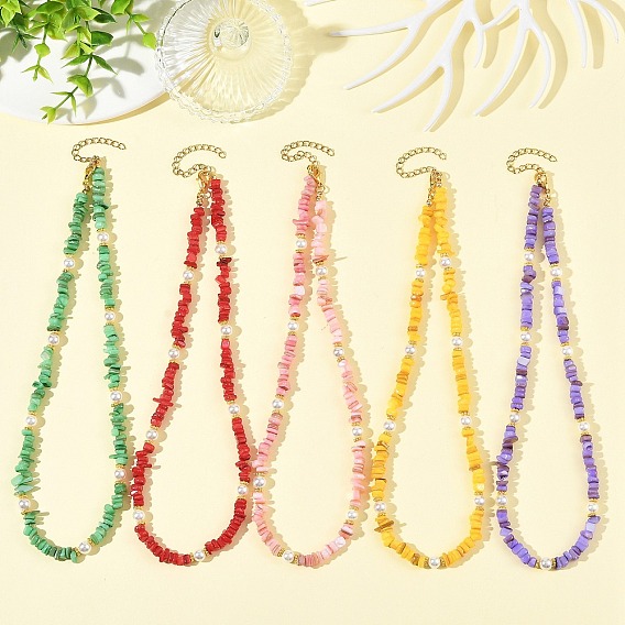 Dyed Natural Freshwater Shell Chip Beads & White Round Shell Pearl Beaded Necklaces, Golden