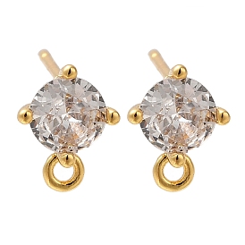 Brass Clear Cubic Zirconia Stud Earrings Finding for Women, with Loop, Flat Round