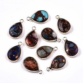 Teardrop Assembled Natural Bronzite and Mixed Gemstone Pendants, with Iron Loop and Brass Edge, Light Gold, Mixed Dyed and Undyed