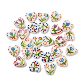 Perles en porcelaine manuelles, coeur avec motif de fleurs, peint à la main, porcelaine de la famille rose