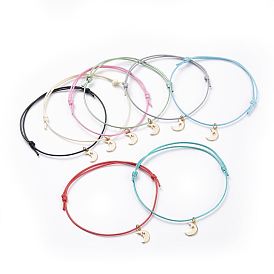 Pulseras de cordón, con cordón de poliéster encerado coreano ecológico y dijes de latón, luna, dorado