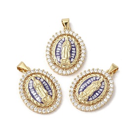 Oval with Virgin Mary Brass Micro Pave Cubic Zirconia Pendants, with Enamel & Shell, Long-Lasting Plated, Lead Free & Cadmium Free, Real 18K Gold Plated