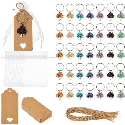 35 Stück 7 Farbige Edelsteinsplitter mit Anhänger in Form eines Lebensbaums aus Legierung, mit geteilten Schlüsselringen aus Edelstahl 304, mit Papieranhängern, Organzabeuteln und Juteschnur