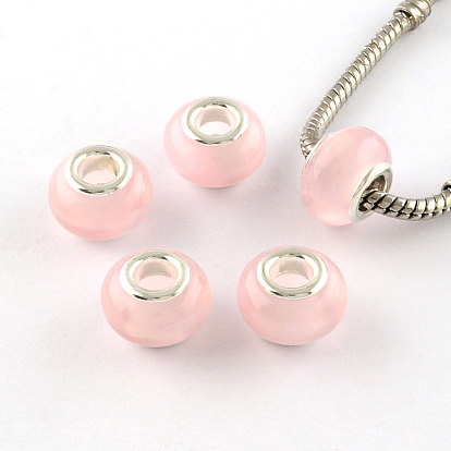Imitation Cat Eye Resin European Beads, Large Hole Rondelle Beads, with Silver Color Plated Brass Cores, 13~14x9mm, Hole: 4.5~5mm