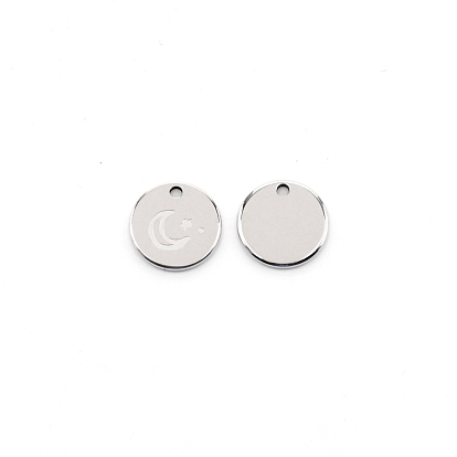 Pendentifs en acier inoxydable, rond plat avec motif lune et étoile