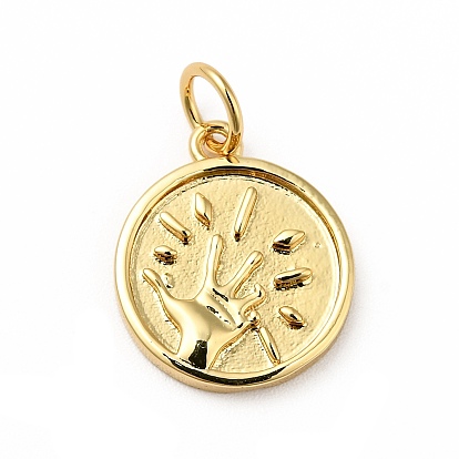 Rack Plating Brass Pendants, Cadmium Free & Nickel Free & Lead Free, Flat Round with Hand
