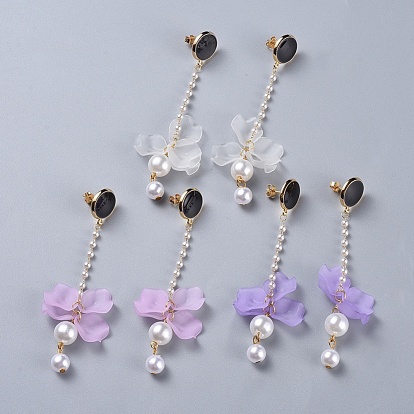 Petal Transparent Acrylic Dangle Stud Earrings, with Imitation Pearl Acrylic Beads , Enamel and Brass Findings