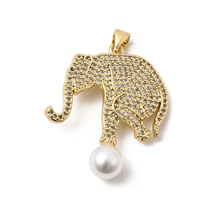 Латунные микро проложить кубического циркония подвески, с ABS имитации жемчуга, долговечный, стойки покрытие, без свинца и без кадмия, очарование слона