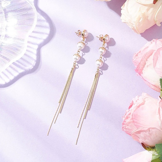 Серьги-гвоздики с кисточками из ракушечного жемчуга, с латунной цепочкой и кисточкой, большие подвески, золотые