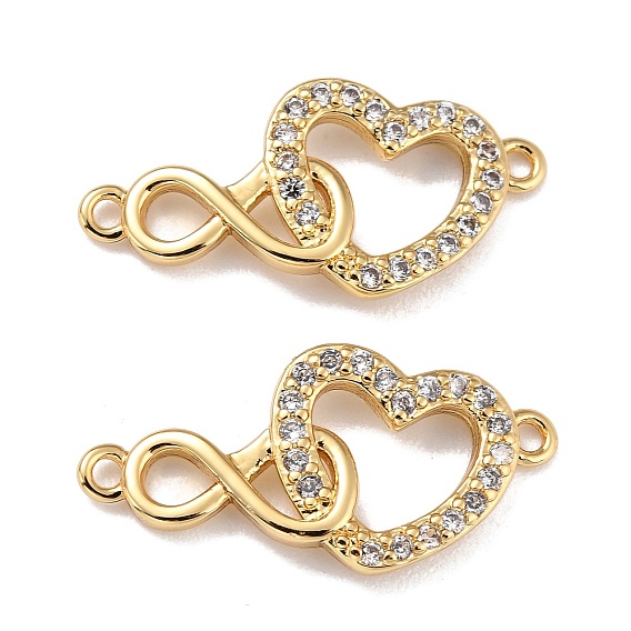 Brass Micro Pave Clear Cubic Zirconia Links Connectors, Cadmium Free & Lead Free, Heart with Infinity