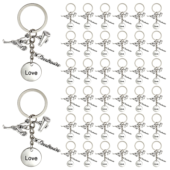 30Pcs Cheerleading Series Alloy Pendant Keychains, Trumpet with Flat Round & Human, with Iron Split Key Rings
