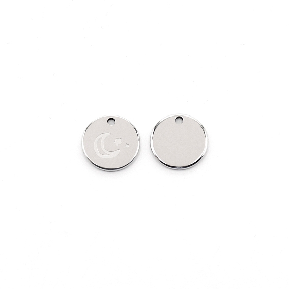 304 Stainless Steel Pendants, Flat Round with Moon & Star Pattern