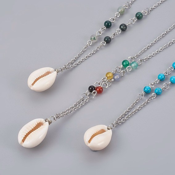 Cowrie Shell Pendant Necklaces, with Gemstone Beads and 304 Stainless Steel Chains
