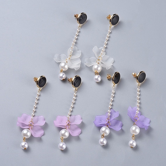Petal Transparent Acrylic Dangle Stud Earrings, with Imitation Pearl Acrylic Beads , Enamel and Brass Findings