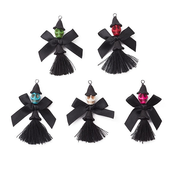 5шт 5цвета подвески из полиэстера ручной работы, скелет, с синтетической бирюзой и поликоттоновой кисточкой и медной проволокой