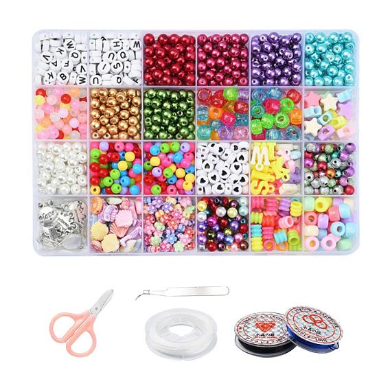 DIY Jewelry Making Kits, Including Round Glass & ABS Plastic Beads, Acrylic Beads, Plastic European Groove Beads, Acrylic & Tibetan Style Alloy Pendants, Elastic Thread, Tweezers and Scissors