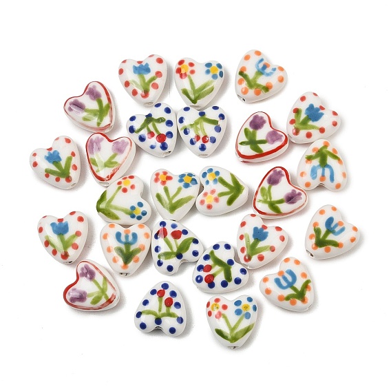 Perles en porcelaine manuelles, coeur avec motif de fleurs, peint à la main, porcelaine de la famille rose