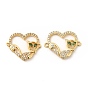 Brass Micro Pave Cubic Zirconia Connector Charms, Heart Links with Cat, Golden