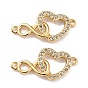 Brass Micro Pave Clear Cubic Zirconia Links Connectors, Cadmium Free & Lead Free, Heart with Infinity