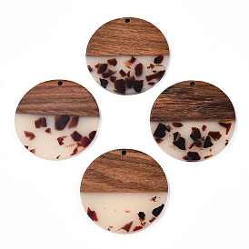 Transparent Resin & Walnut Wood Pendants, Flat Round Charms