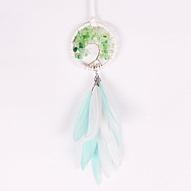 Плетеная сетка/паутина с подвеской из перьев, с волокном, бусины из драгоценных камней и медная проволока, плоские круглые с дерева жизни