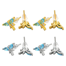 4 пары 2 цвета латунные серьги-гвоздики, стрекоза, с кубического циркония