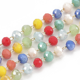 Handmade Glass Beaded Chains, Soldered, with Brass Findings, Faceted, Round, Colorful