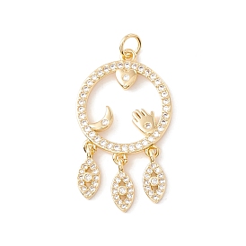 Placage de crémaillère en laiton micro pavé pendentifs en zircone cubique claire, avec des anneaux de saut, plaqué longue durée, sans cadmium et sans plomb, anneau et coeur et lune et paume et oeil de cheval