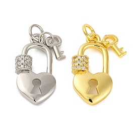 Rack Plating Brass Micro Pave Cubic Zirconia Pendants, Heart-shaped Lock