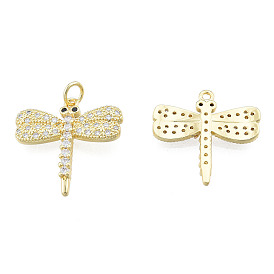 Brass Micro Pave Clear Cubic Zirconia Pendants, with Brass Jump Rings, Nickel Free, Dragonfly