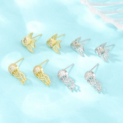 Латунные микро проложить серьги стержня кубического циркония, рыба, без свинца и без кадмия, долговечный, стойки покрытие