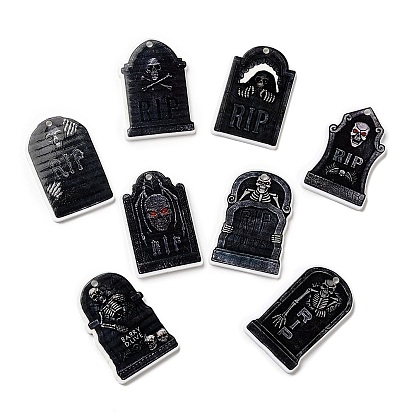 Halloween Themed Opaque Acrylic Pendants, Tombstone with Skeleton Charms